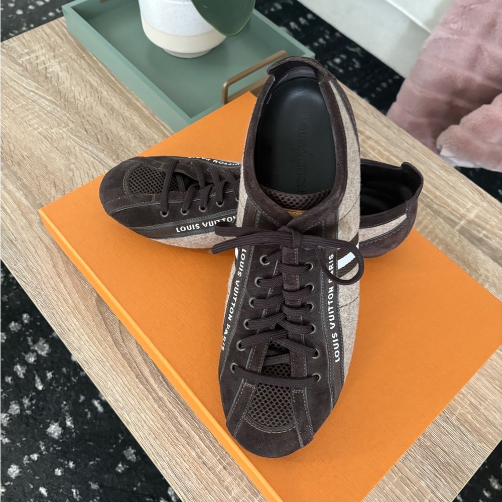 Brand new men’s Louis Vuitton fashion sneakers.  Size 10.  Chocolate brown.